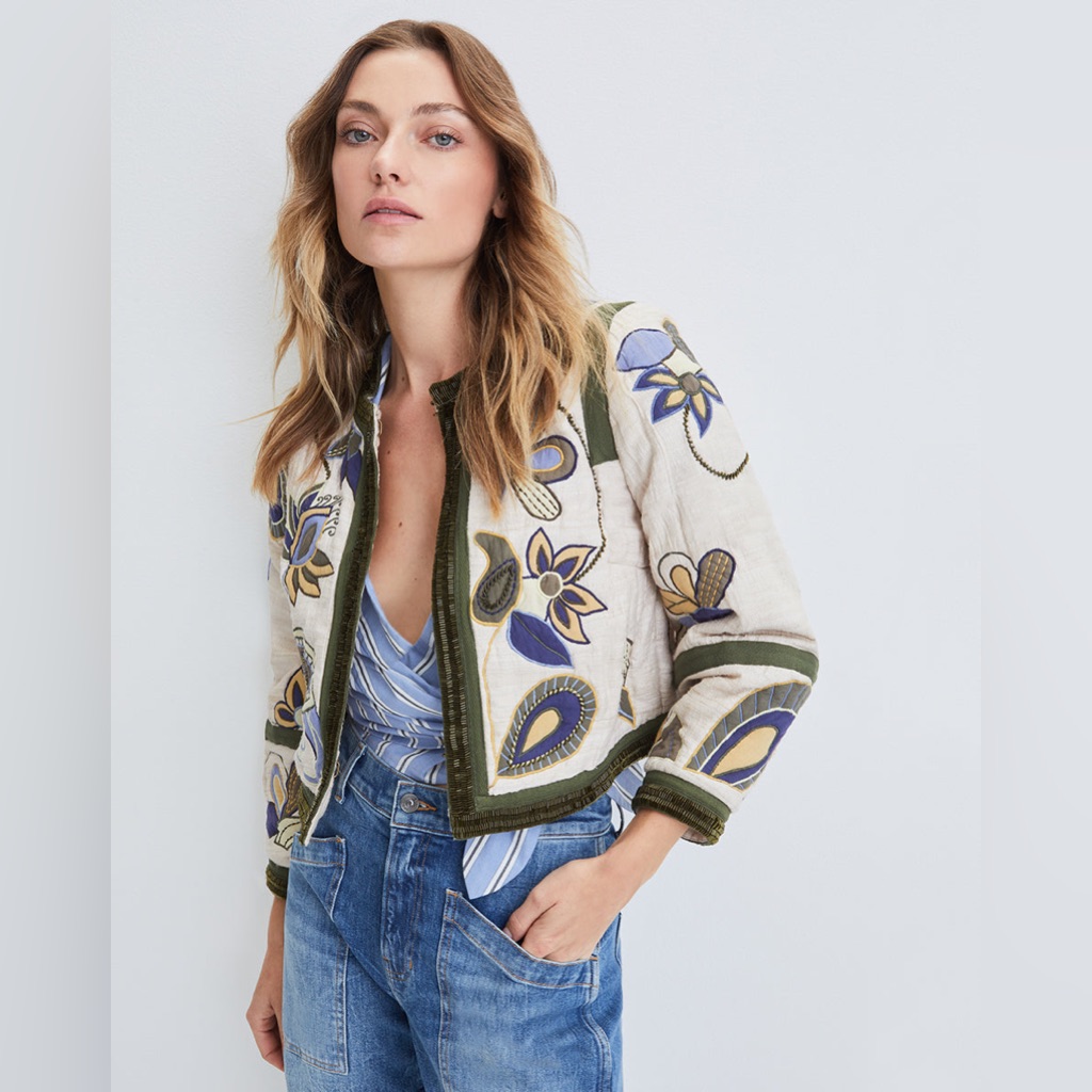 Nwt Veronica Beardbenicia Embroidered Raw Silk Beaded Jacke